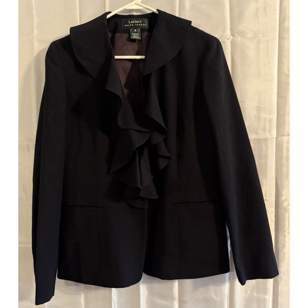 Lauren Ralph Lauren 8 Petite 100% Worsted Wool Blazer Ruffled Lapel Navy Vintage